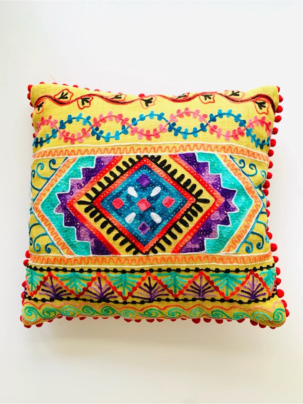 NEW Vibrant Embroidered Yellow Boho Throw Pillow with Geometric Motif